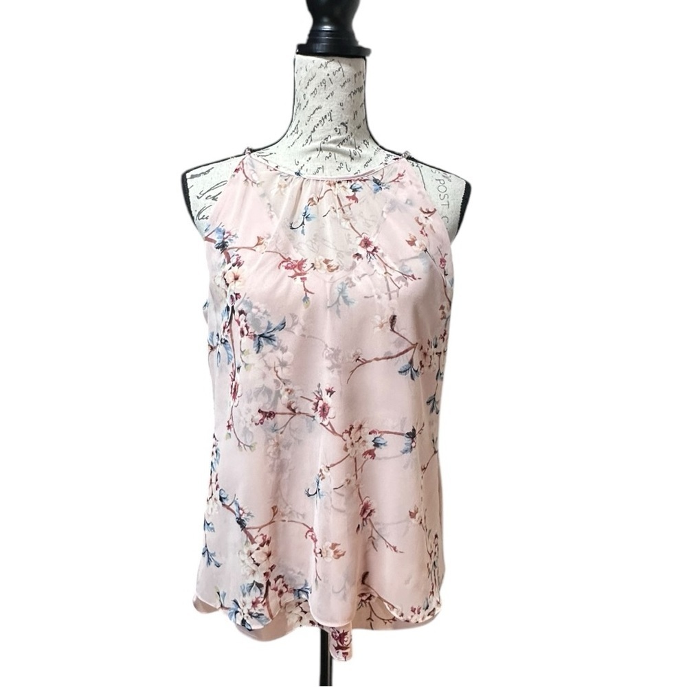 WHBM Sheer & Satiny Peachy Pink Floral Layered Sleeveless Blouse Size Small